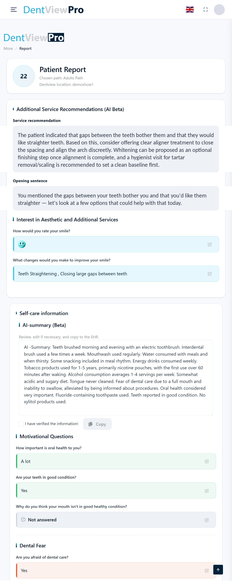 DentViewPro patient report with AI service recommendations and self-care information