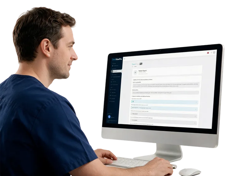 Dentist reviewing a DentViewPro patient report on a clinic monitor